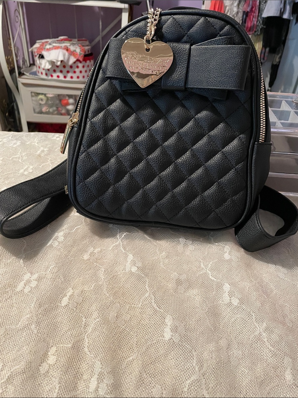 Betsey Johnson Black Quilted Backpack with Bow & Heart Charm